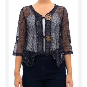 Nina Leonard mesh cardigan large black open knit boho beach cover up lightweight